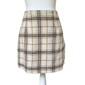 Plaid Flannel Mini Shirt, soft feel, beige, tan & rust tones, Side zipper, MED